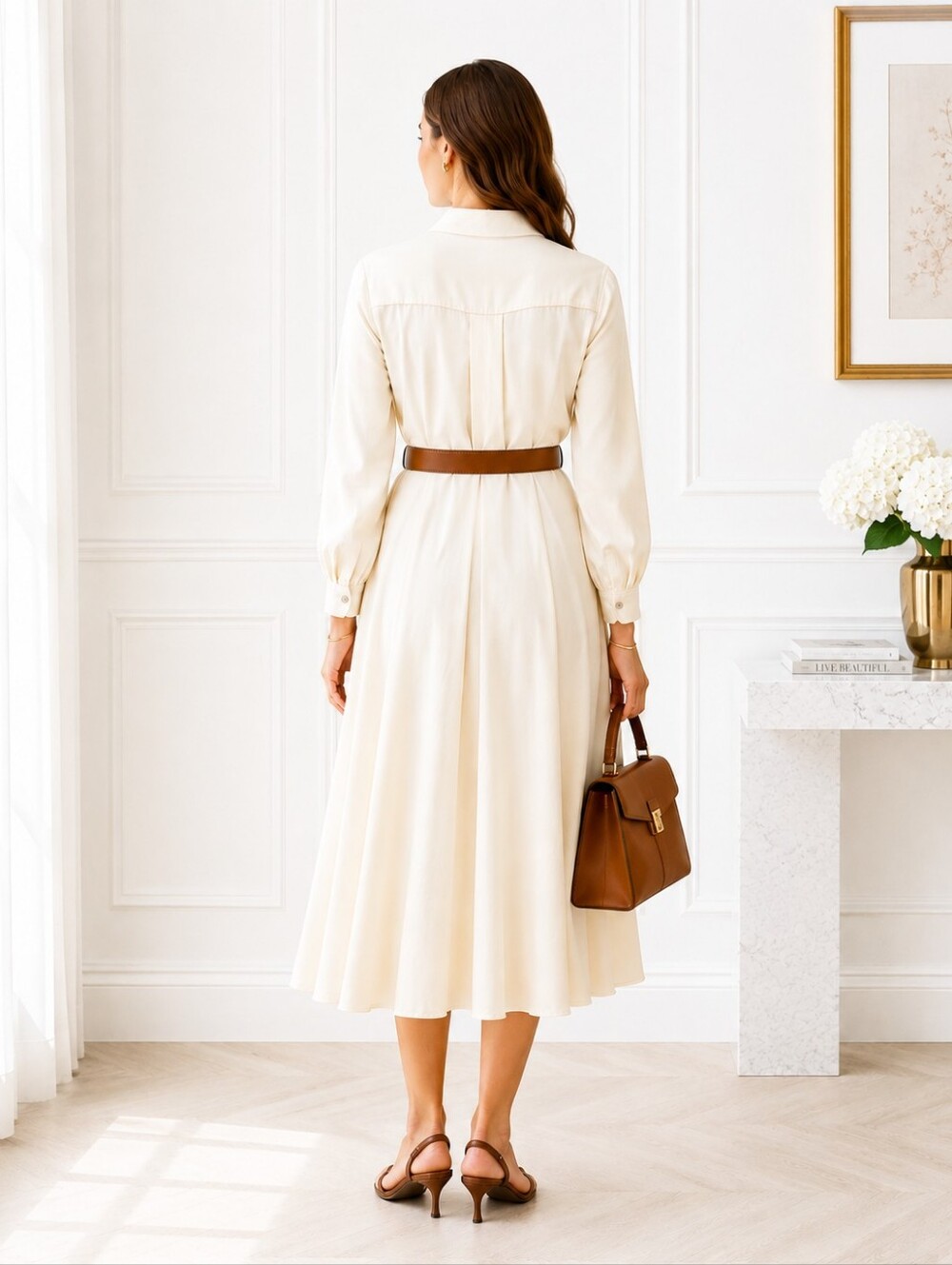 NWT | BANANA REPUBLIC Cream Midi Shirt DRESS | Tencel Lyocell | Size: Small - Picture 2 of 9